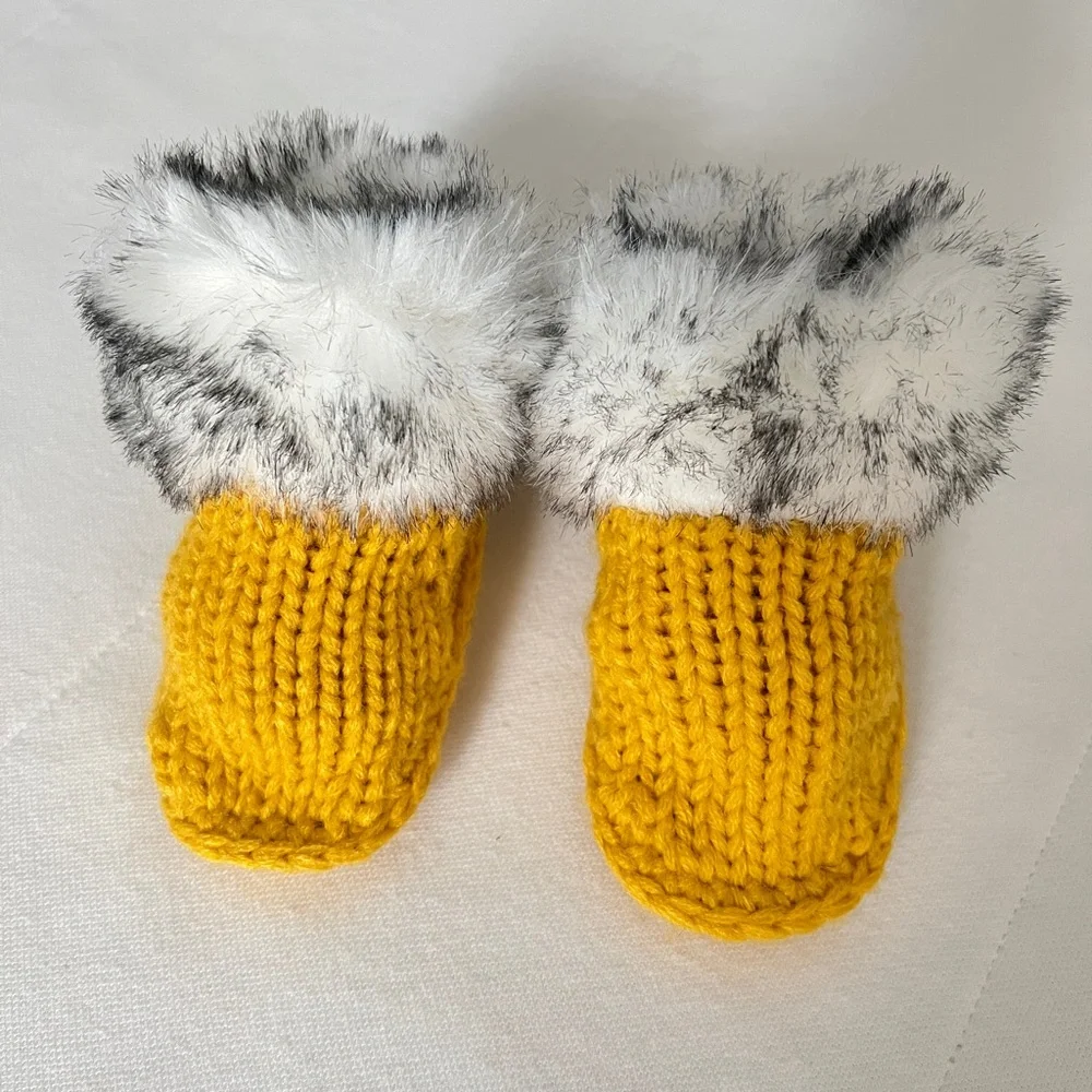 Cozy Golden Yellow Knit Baby Booties with Faux Fur Trim